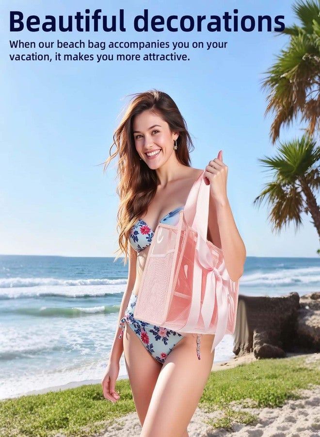 URZCT Beach Tote Bag for Women，Pink Beach Bag with Bow，Large Waterproof Zipper Bag - Image 2